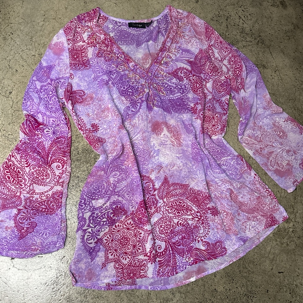 Raviya women’s paisley and floral sheer top tunic dress size L pink and purple